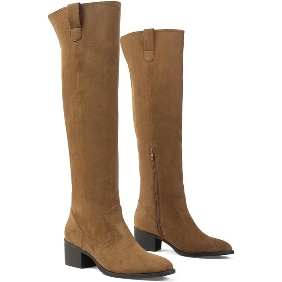 Women's Tan Faux Suede Over The Knee Thigh High Chunky Heel Pointed Toe Boots - Picture 3 of 6